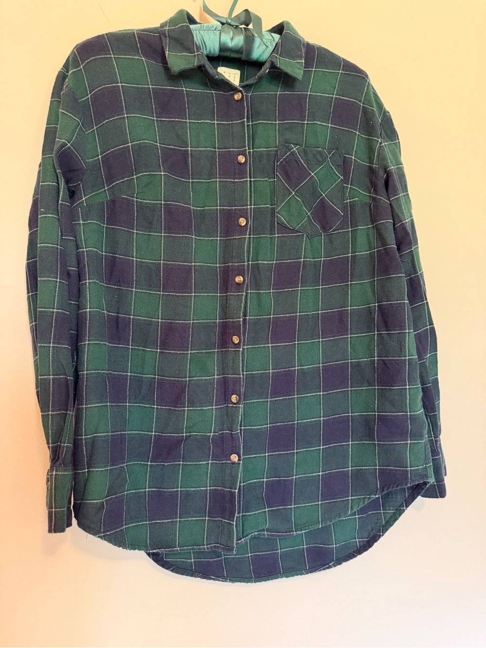 Green and Navy Plaid Button-Up Shirt